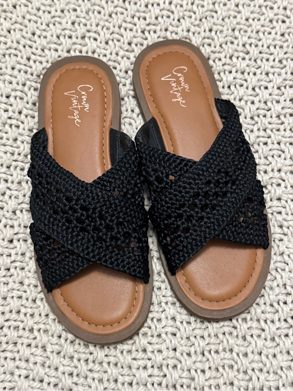 Crown Vintage Black Crochet Cross-Band Slide Sandals